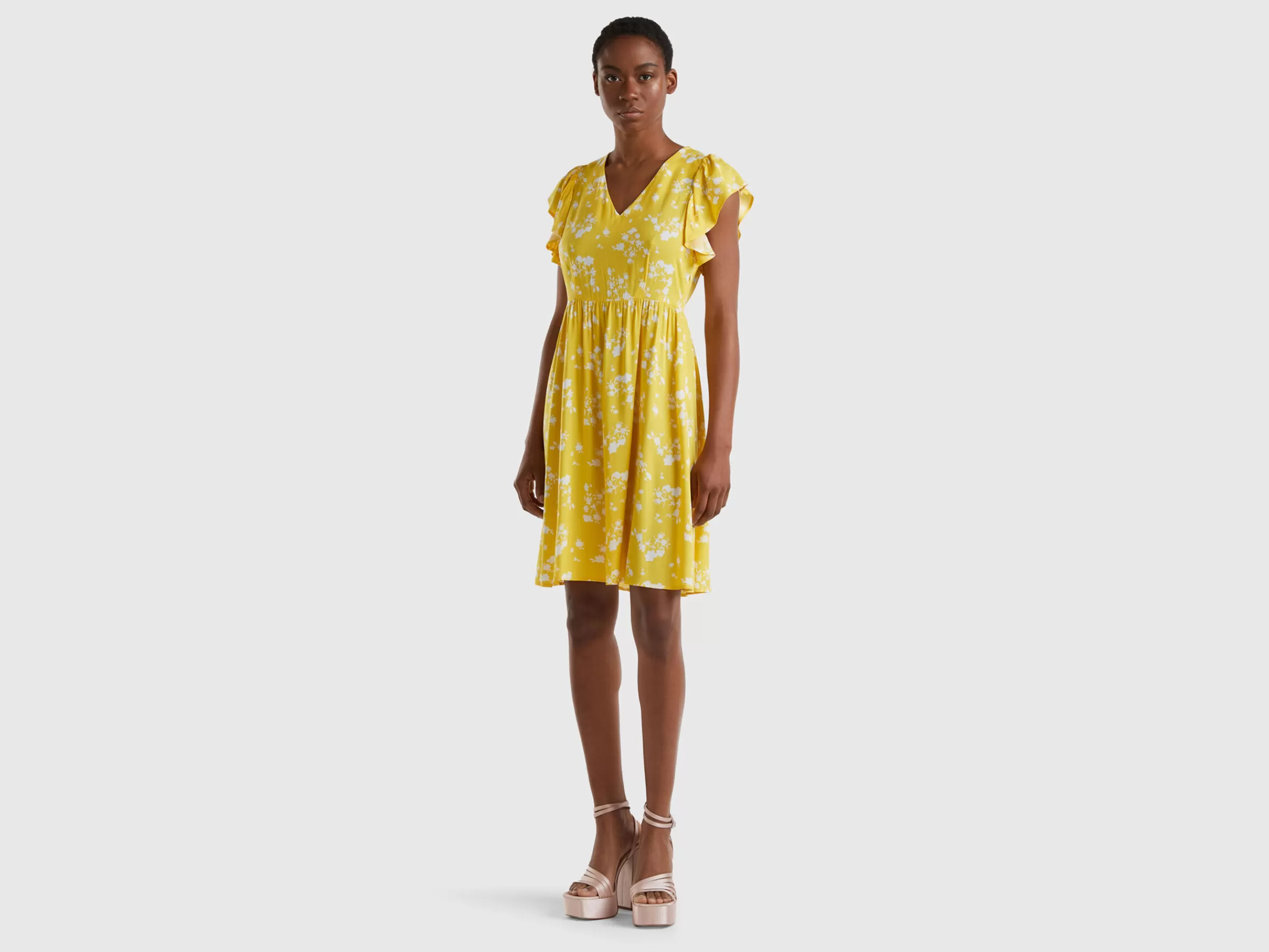 Vestido As Flores Com Folhos^Benetton Cheap
