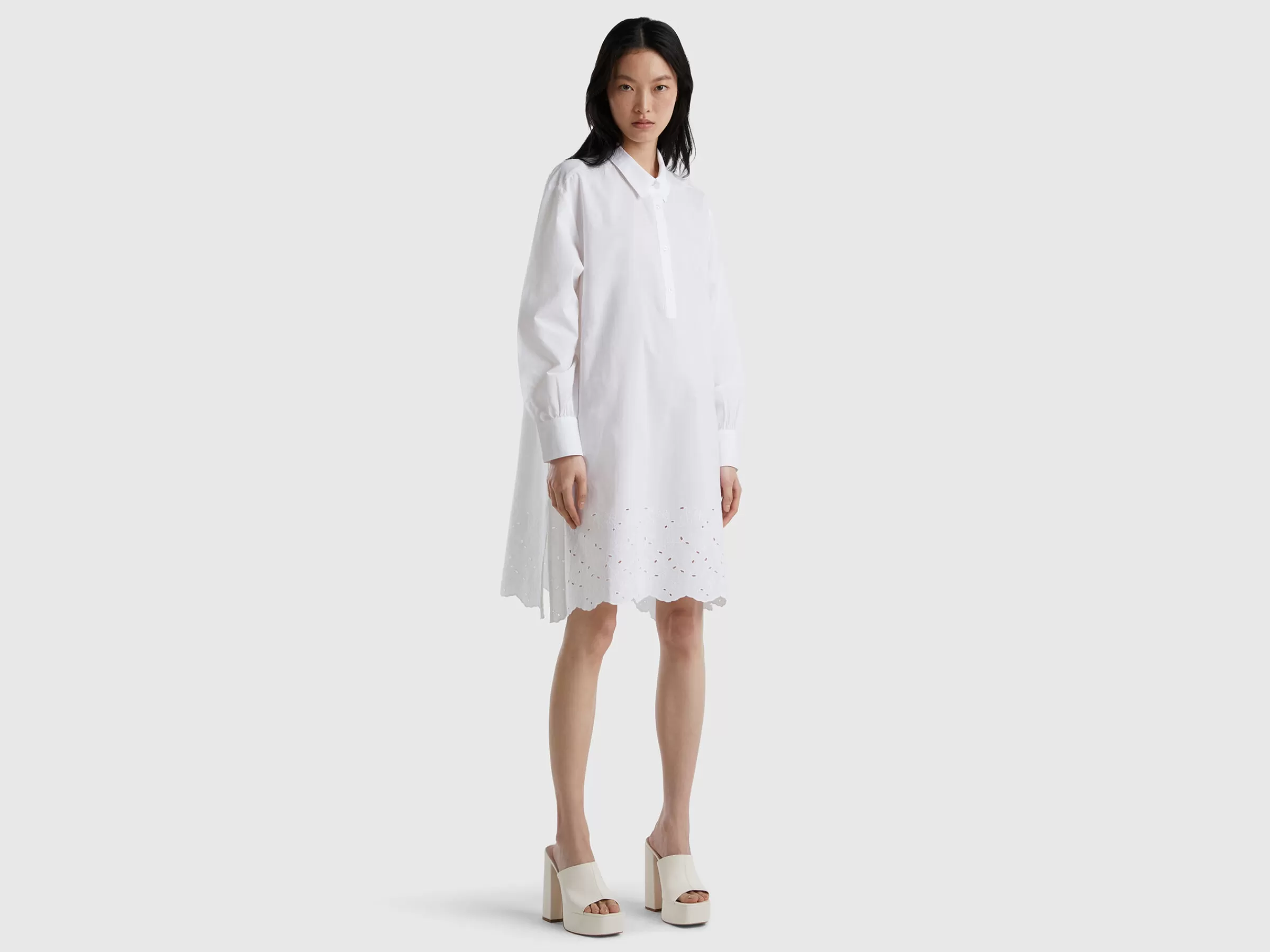 Vestido Camiseiro Com Bordado Ingles^Benetton Cheap
