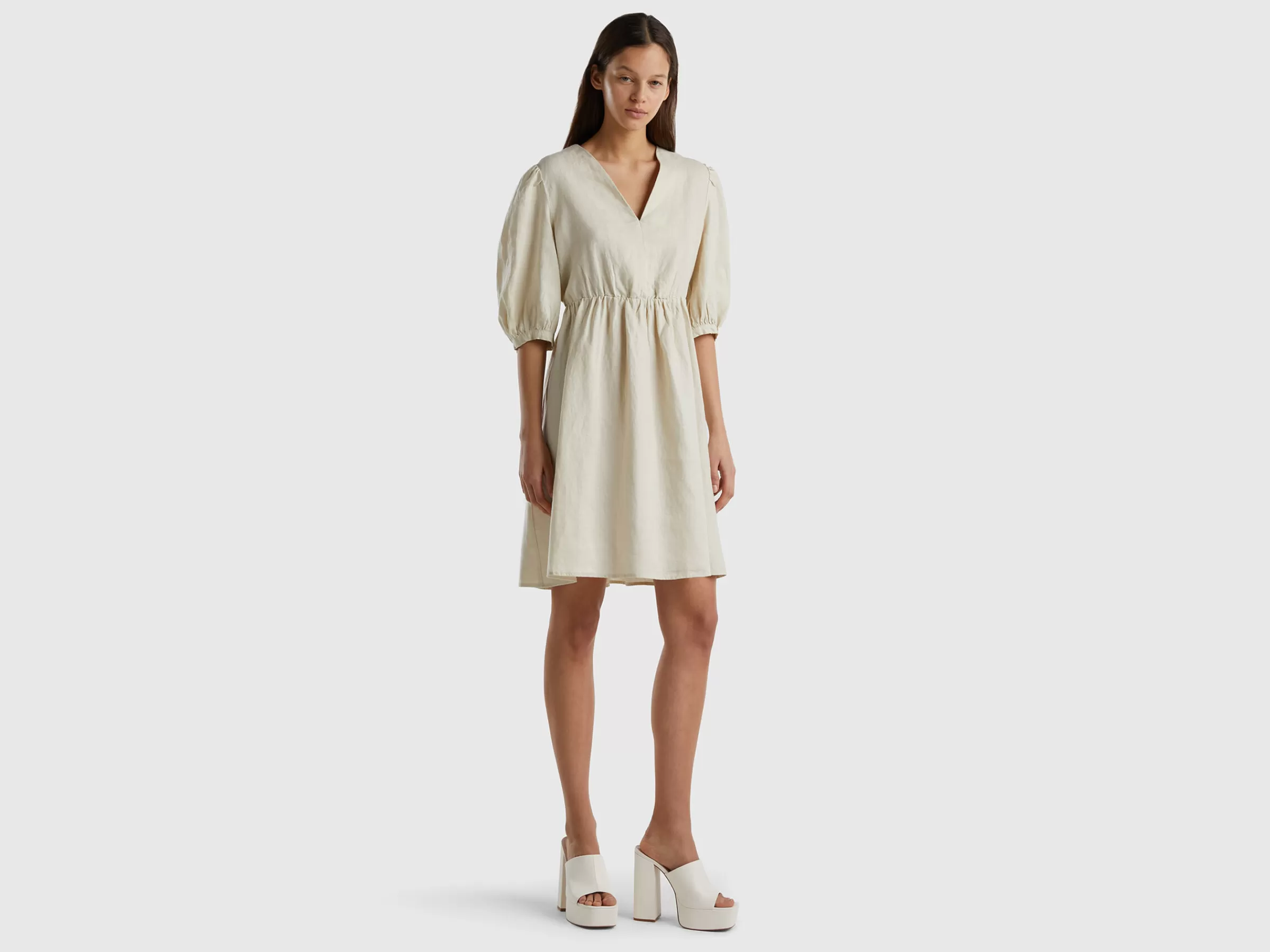 Vestido Com Decote Em V Em Linho Puro^Benetton Discount