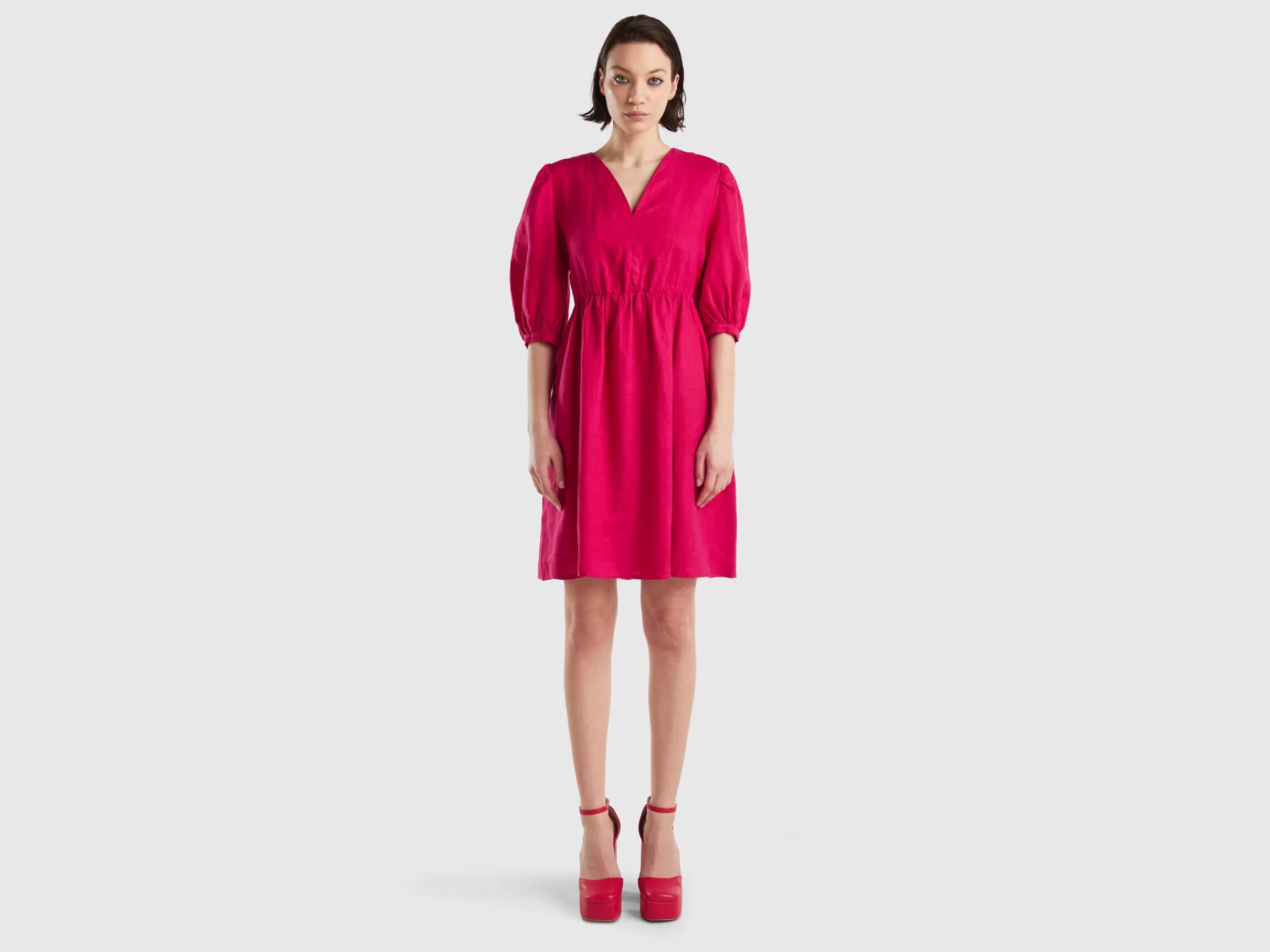 Vestido Com Decote Em V Em Linho Puro^Benetton Best Sale