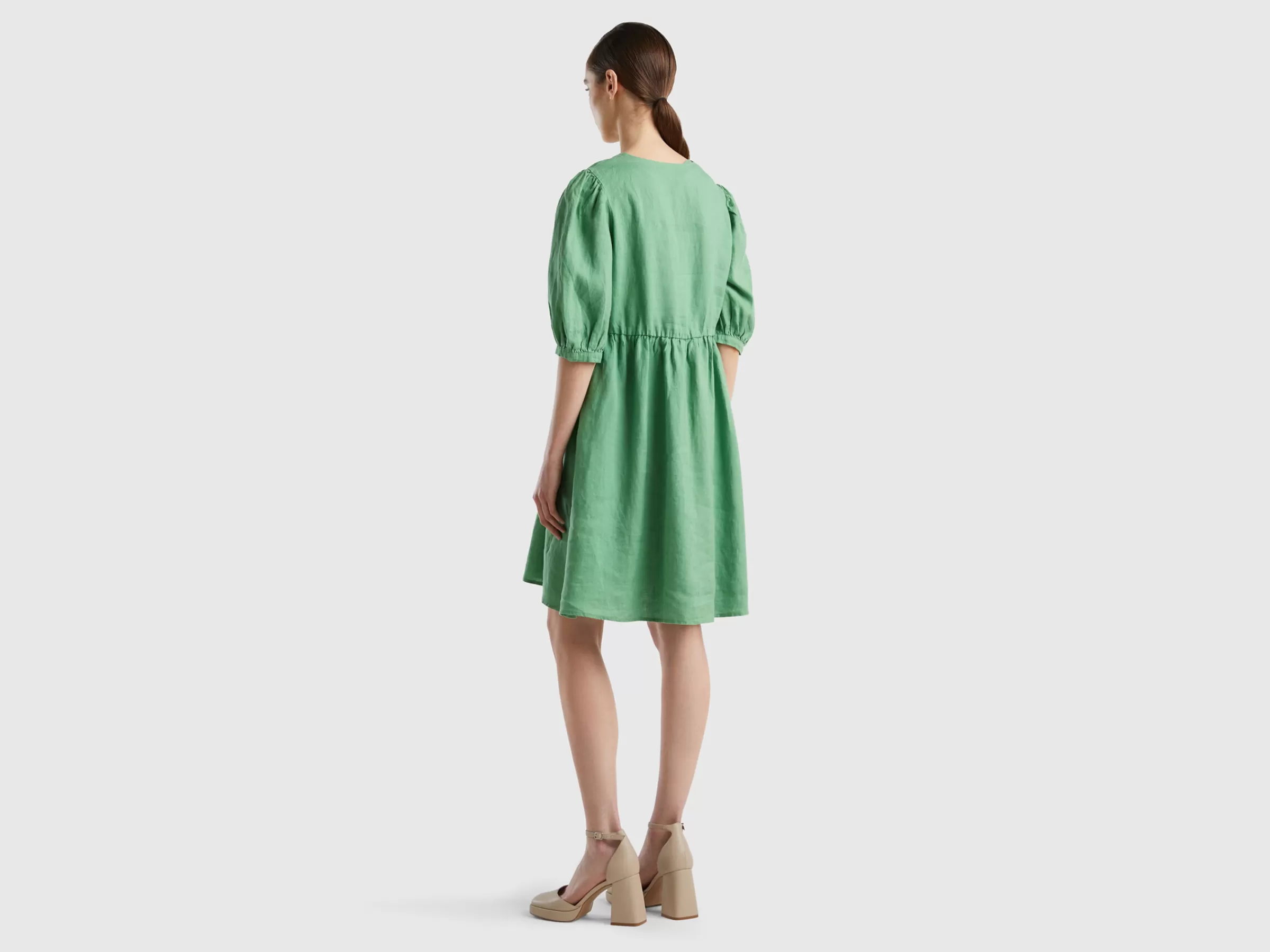 Vestido Com Decote Em V Em Linho Puro^Benetton Online