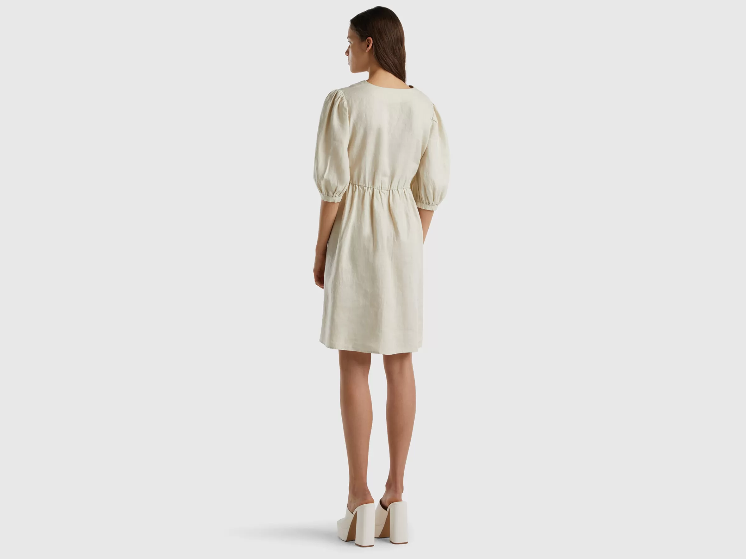 Vestido Com Decote Em V Em Linho Puro^Benetton Discount
