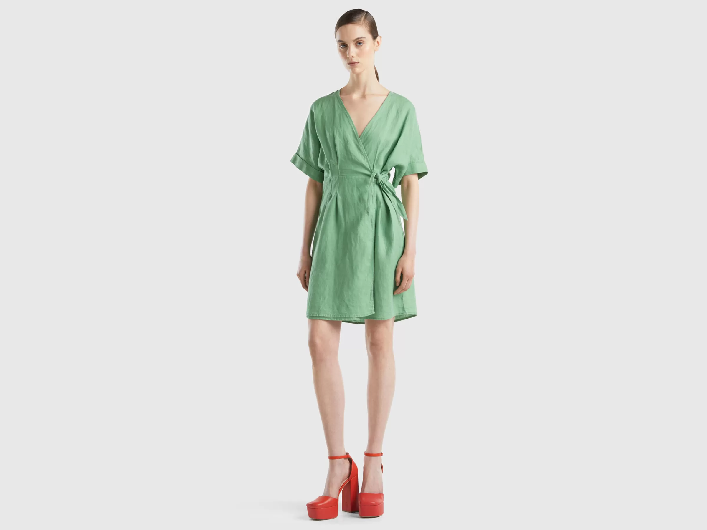 Vestido Com No Em Linho Puro^Benetton Clearance