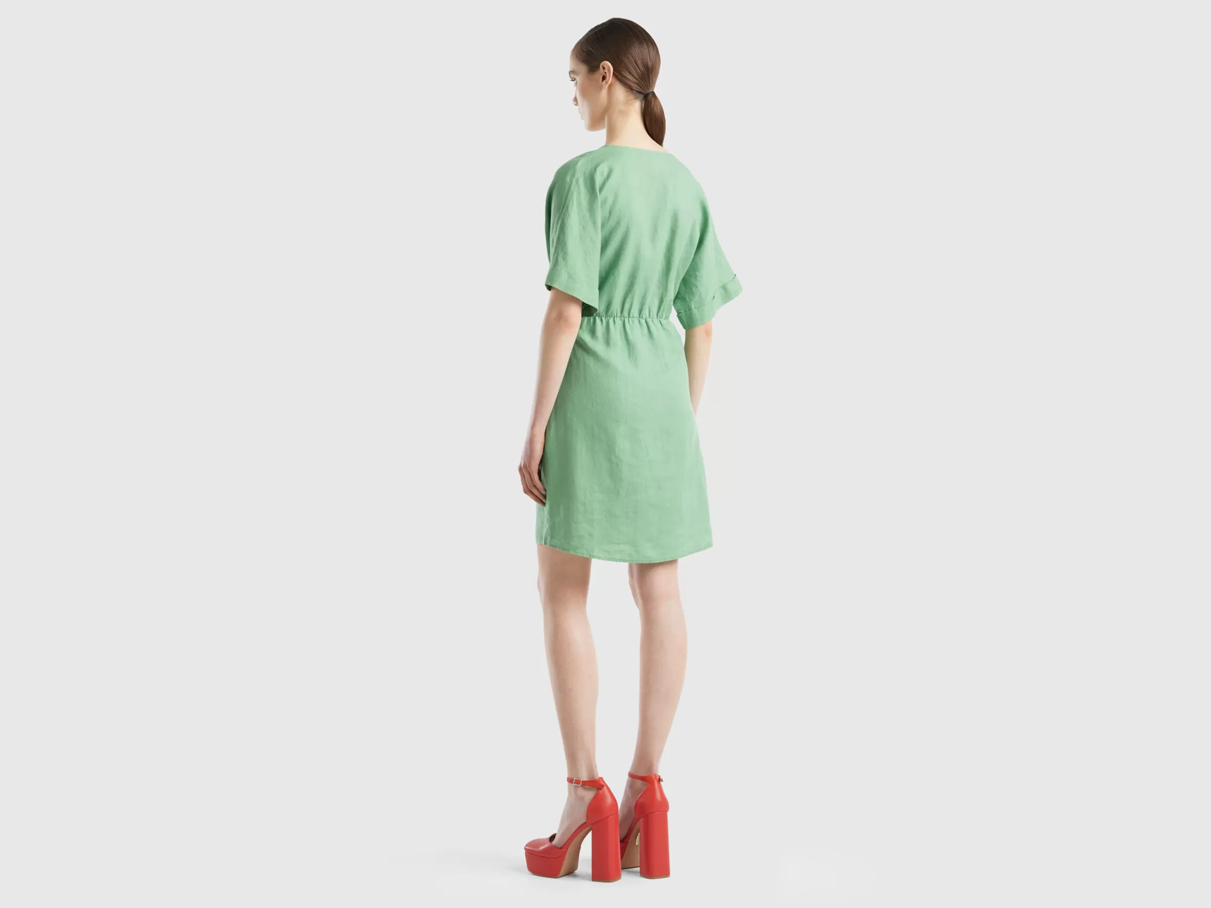 Vestido Com No Em Linho Puro^Benetton Clearance